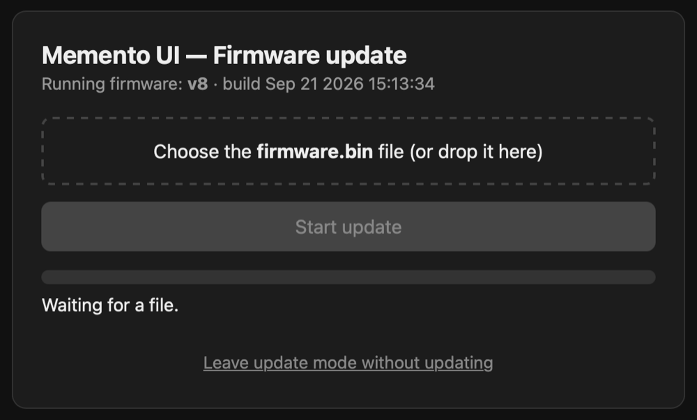The controller's update page: a box to drop the firmware file, the Start update button and the progress bar